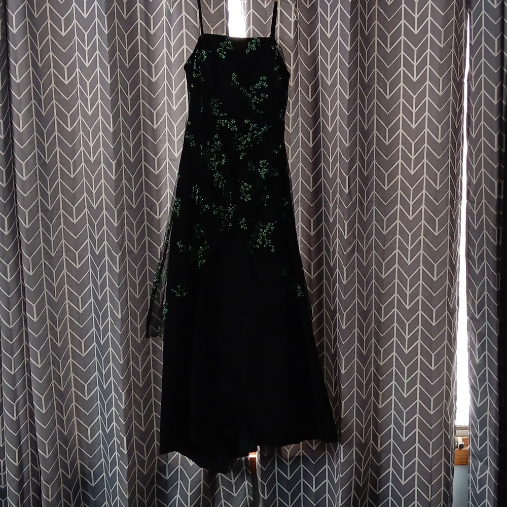 Full length black prom dress with floral tulle overlay